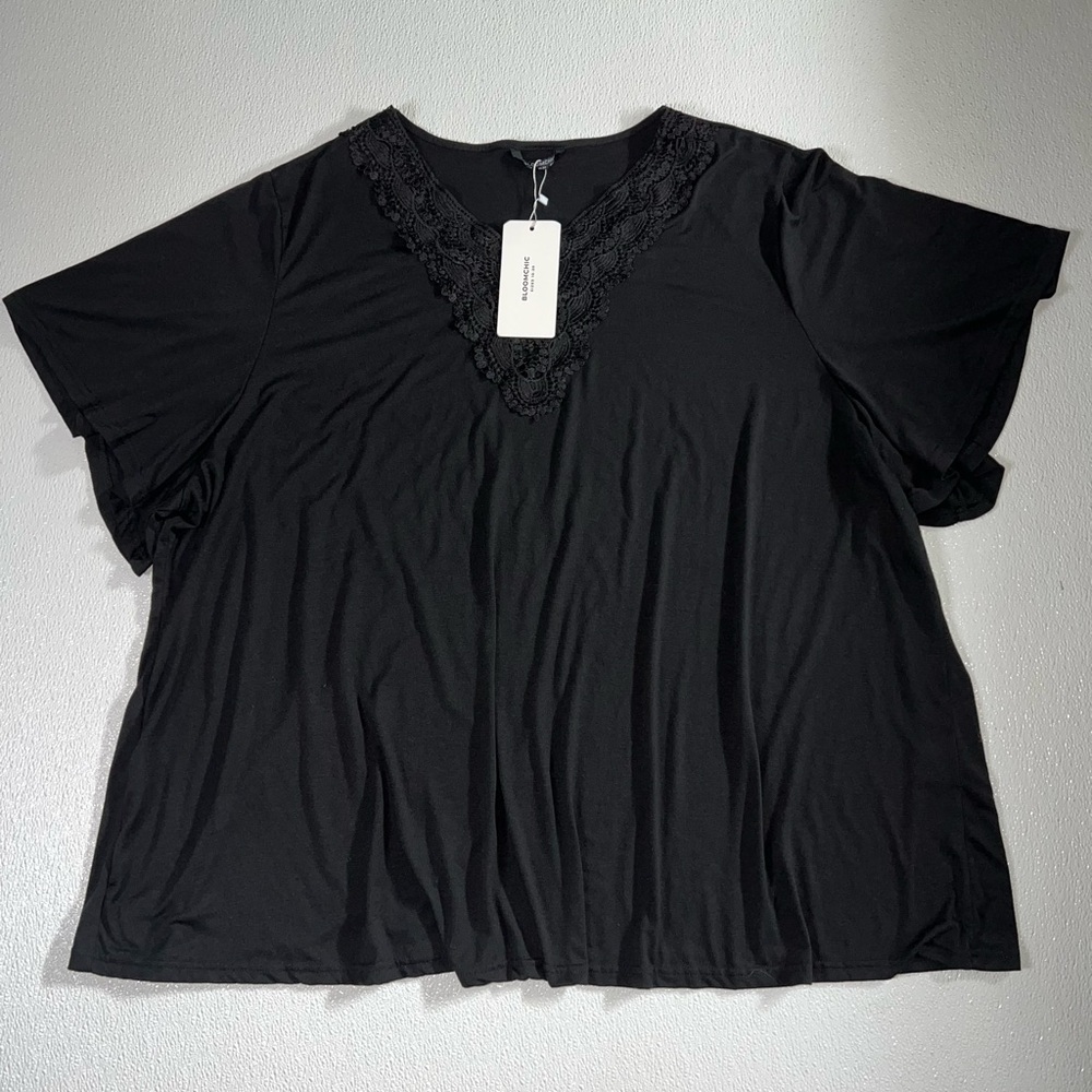 BloomChic Solid Ruffle Sleeve Lace V Neck Women's T-Shirt Black Size 30 NWT - Picture 5 of 10